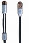 Дата-кабель Remax RC-025t Twins 2 в1 USB2.0 - Lightning+microUSB, 1м, черный,  2.0A/ плоский/ оплетка - TPE, Remax