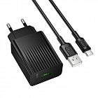 Зарядное устройство Borofone BAS72A USB-A 3А,18Вт, быстрая зарядка QC3.0, кабель с USB Type-C,черное, СЗУ/разъем USB A- Type-C/ длина кабеля 1м/ протоколы QC/FCP/AFC, Borofone