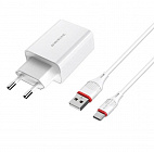 Зарядное устройство Borofone BA21A USB-A 3А,18Вт, быстрая зарядка QC3.0, кабель с USB Type-C, белое, СЗУ/разъем USB A- USB Type-C/ длина кабеля 1м/ протокол QC3.0/87*41*26мм, Borofone