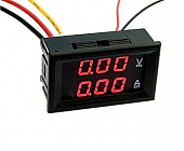 Вольтметр/Амперметр LED; 3 разряда, 0-100В/10А,  в рамке (измерительная панель) Красный, (0-100V 0-10A Red) Размер- 48*29*21 mm, питание  4,5-30 В. , Китай