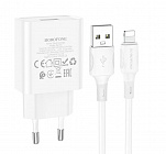 Зарядное устройство BorofoneBA74A USB-A 2.1A, 10.5Вт, кабель с Lightning 8-pin, белое, СЗУ/разъем USB-A - Lightning 8-pin/ длина кабеля 1м/ 84*39*22 мм/ 54г, Borofone