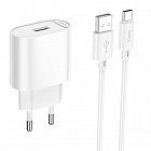 Зарядное устройство Hoco C109A USB-A 2.1A 10.5Вт, кабель с USB Type-C, белое, СЗУ/разъем USB-A -  USB Type-C/ длина кабеля 1м/75*45*24 мм /53 г, Hoco
