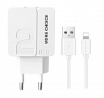 Зарядное устройство More Choice NC46i USB*2  2.4A, кабель с Lightning 8-pin, белое, СЗУ/разъемы USB*2A - Lightning 8-pin/ длина кабеля 1м/ 60*30*40мм, More Choice